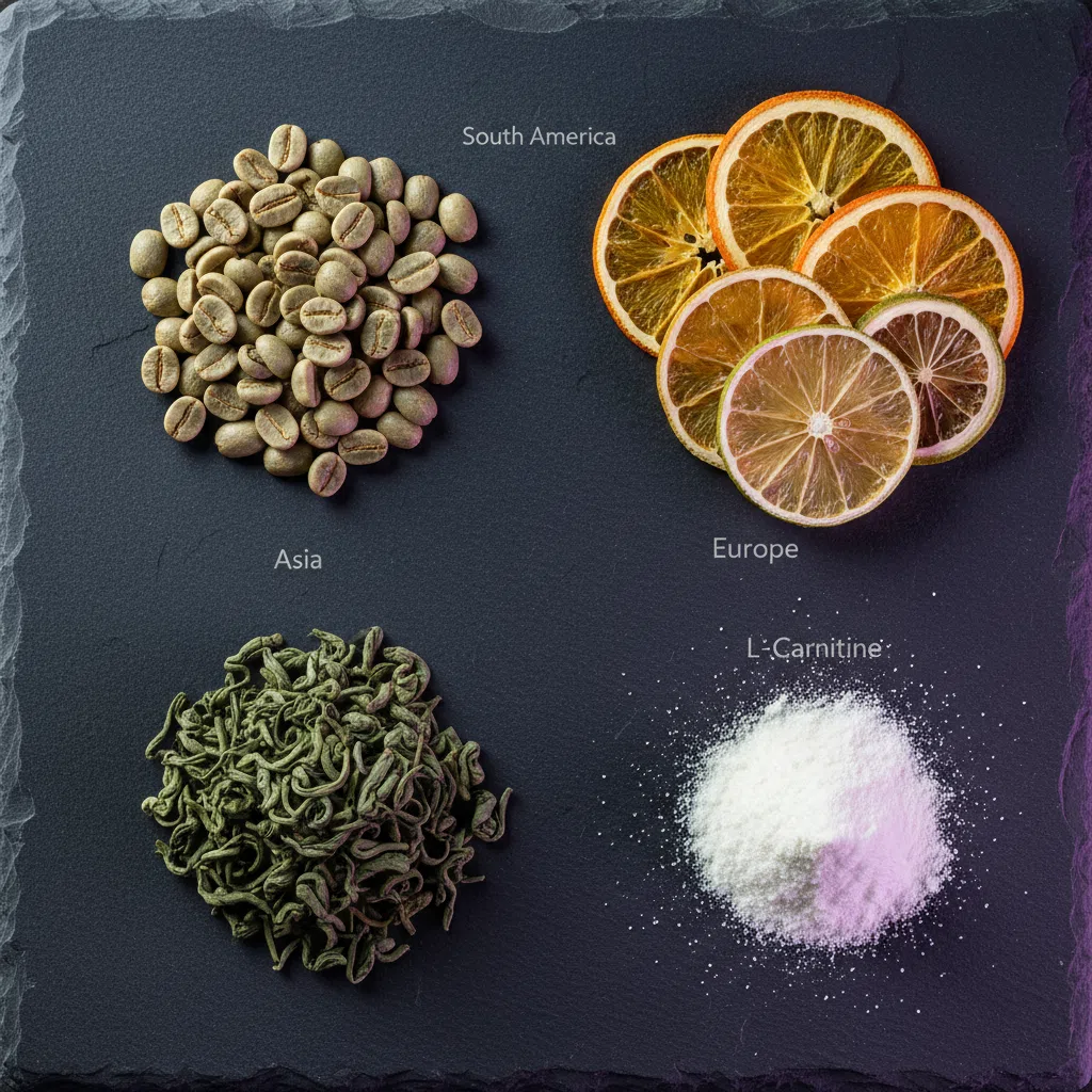 Close-up flat-lay of green coffee beans, dried green tea leaves, L-Carnitine powder and sliced citrus on dark navy slate with purple accent lighting